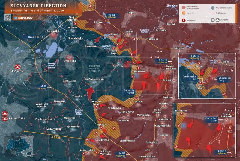 Bản đồ chiến sự Ukraine ngày 8/3, hướng Slovyansk