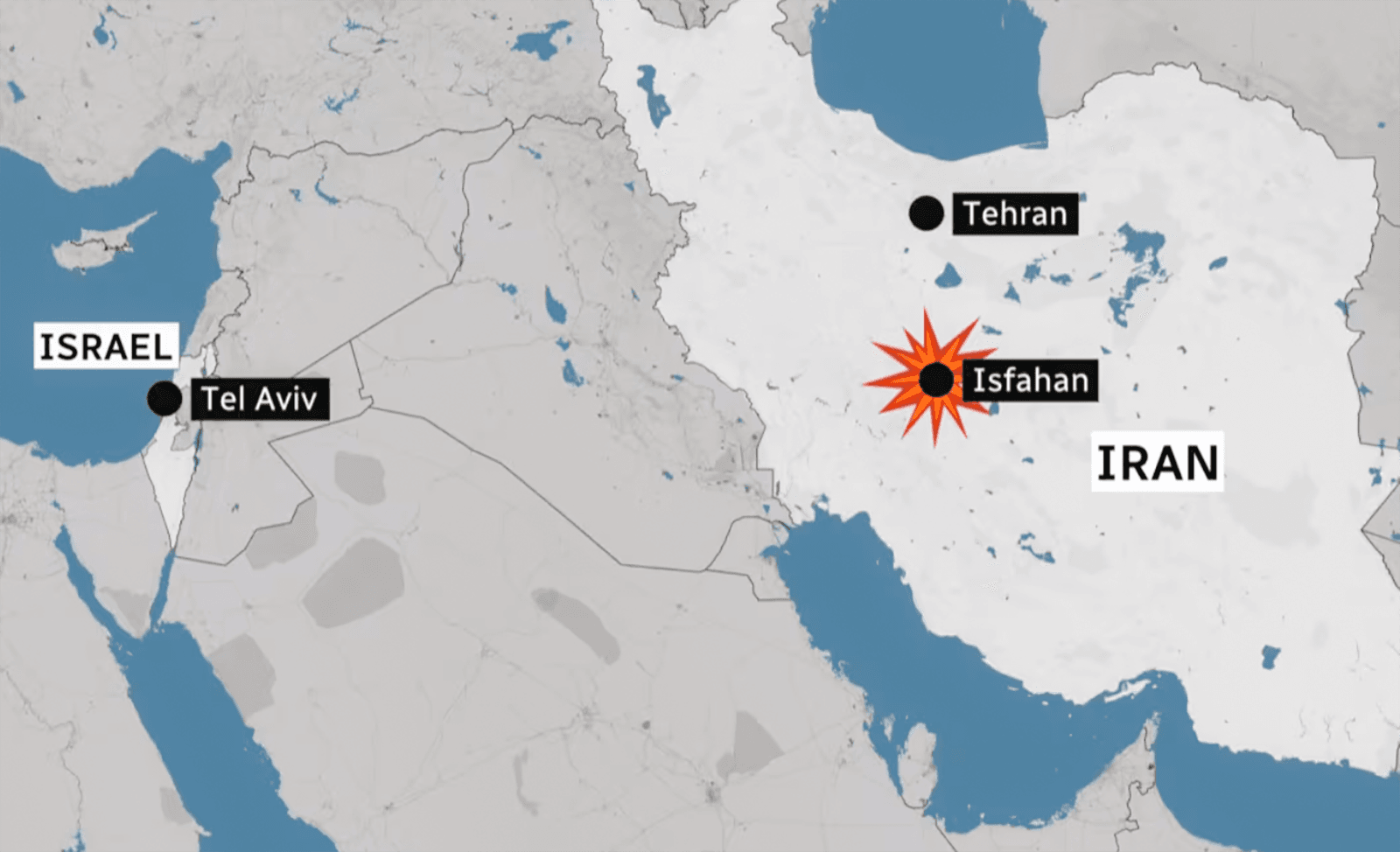 Bản đồ vị trí của Isfahan, Iran và Tel Aviv, Israel trong khu vực. Nguồn CBC