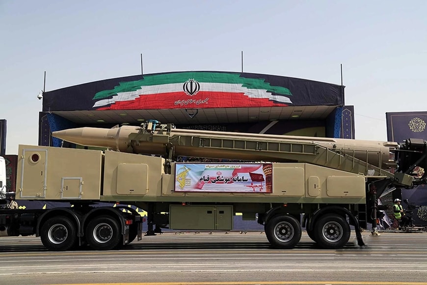 Tên lửa Qiam-1 với thiết kế không cánh ổn định đặc trưng của Iran.