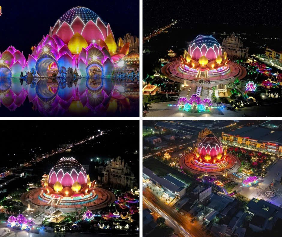 Liên Hoa Bảo Tháp rực rỡ về đêm với ánh đèn LED