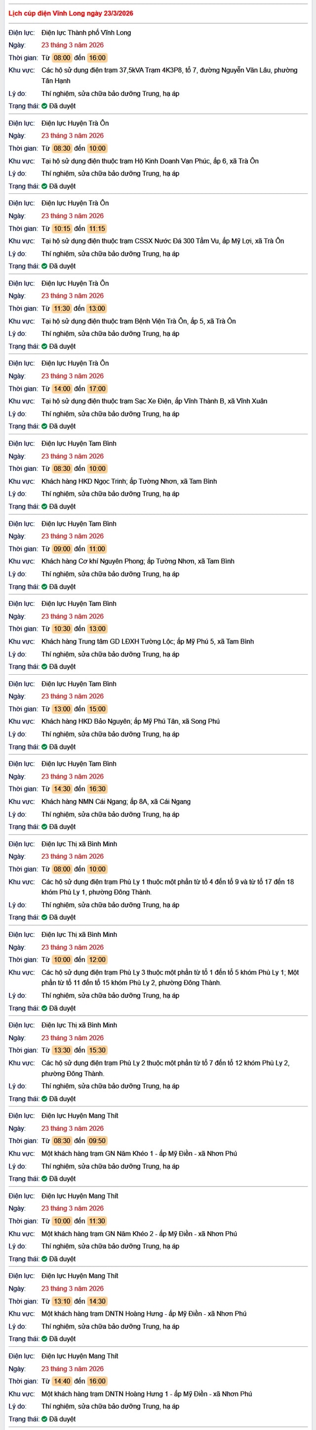 Tra cứu lịch cúp điện Vĩnh Long hôm nay Thứ 2 ngày 23/3/2026- Ảnh 1.