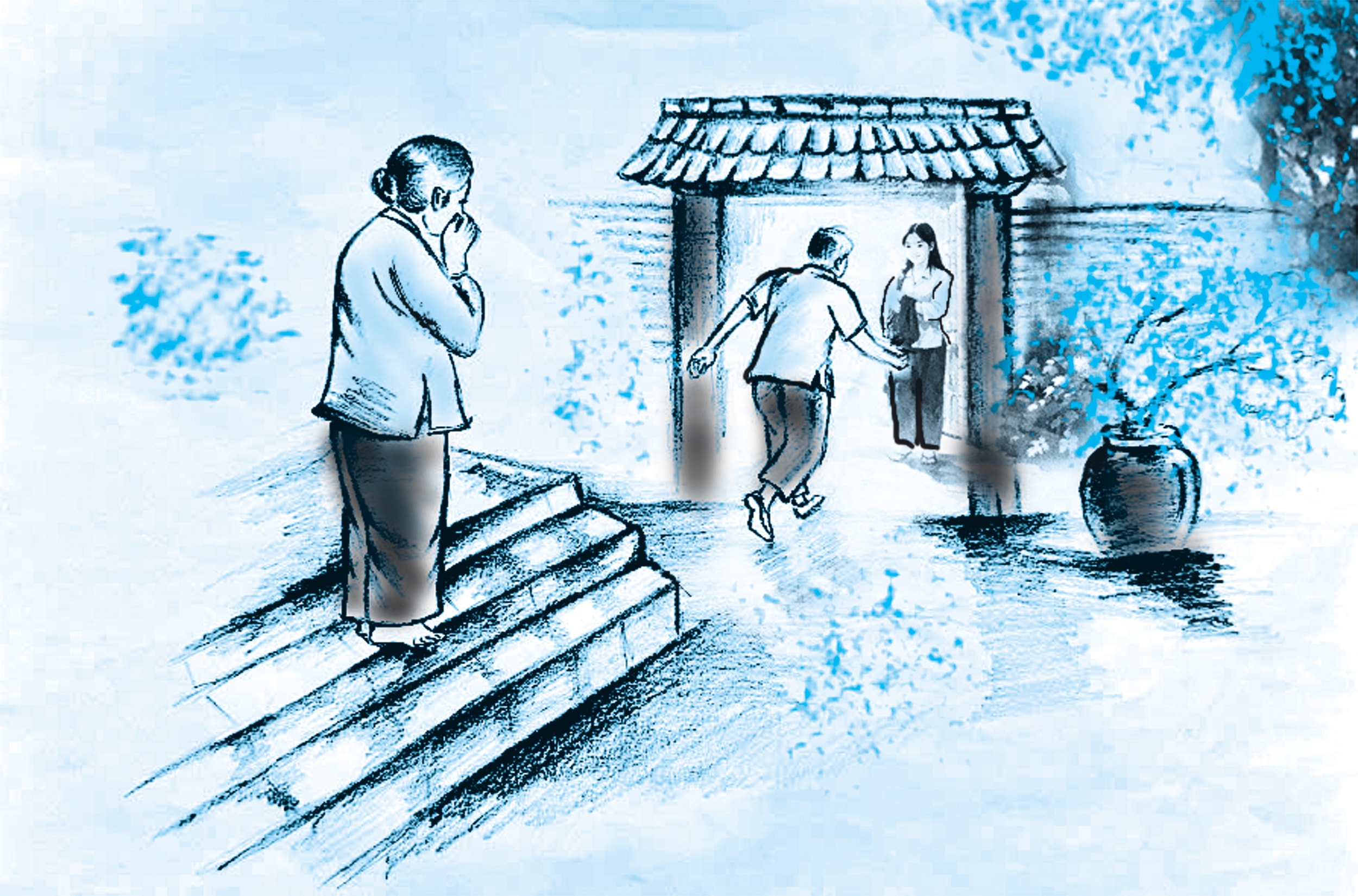 Bậc thềm đầy nắng. Minh họa Hồng Toại
