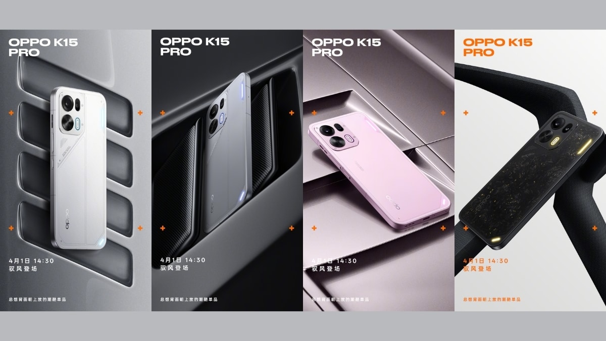 Bốn tùy chọn màu sắc của OPPO K15 Pro bao gồm Cyber Wings, Origin Gray, Light Dust Pink và Golden Legend