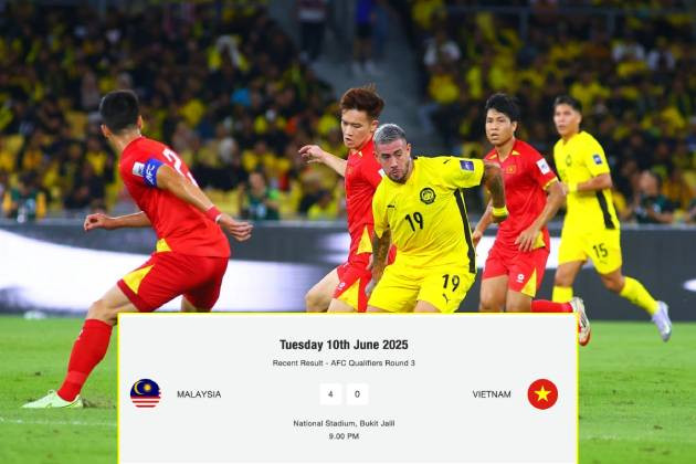 Trang chủ Liên đoàn Bóng đá Malaysia duy trì kết quả thắng Việt Nam 4-0 trên giao diện chính.