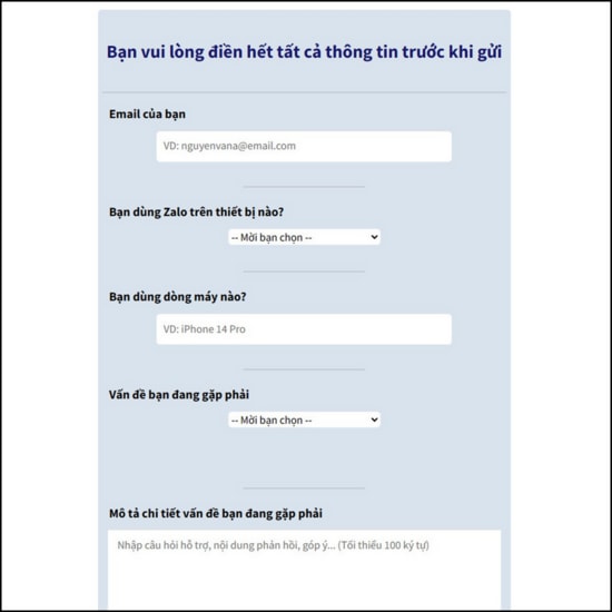 Giao diện trang hỗ trợ xác minh tài khoản của Zalo