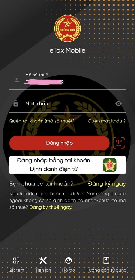 Giao diện màn hình đăng nhập ứng dụng eTax Mobile