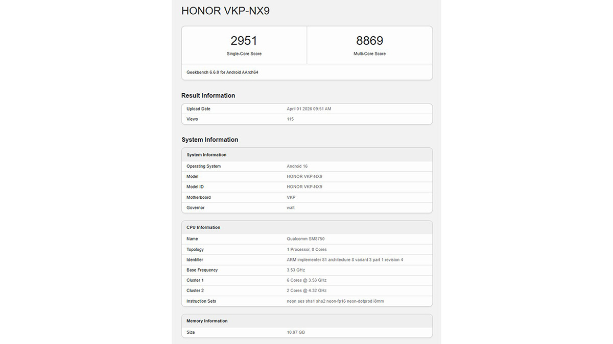 Điểm Geekbench của điện thoại HONOR 600 Pro sắp ra mắt