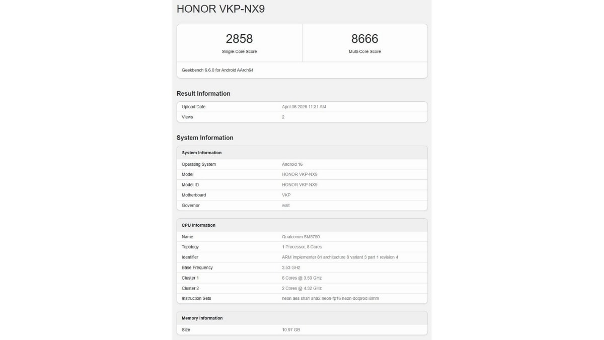 Điểm số Geekbench ấn tượng của HONOR 600 Pro với chip Snapdragon 8 Elite.