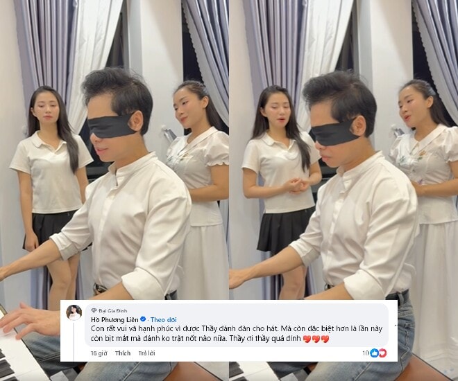 Nghệ sĩ Ngọc Sơn bịt mắt chơi đàn piano với kỹ thuật điêu luyện.