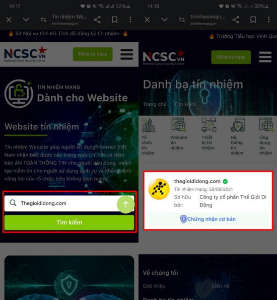 Kết quả trả về độ tin cậy của website