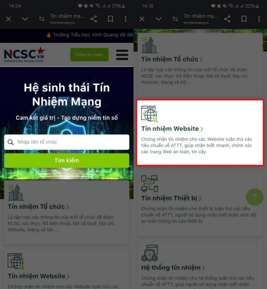 Giao diện tra cứu tại cổng Tín nhiệm mạng