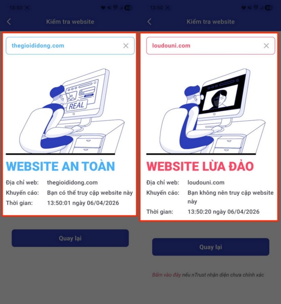 Kết quả xác minh tính an toàn của website