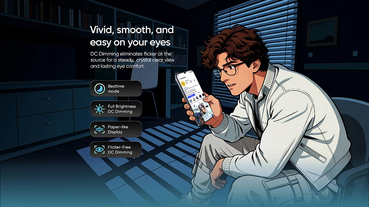Màn hình realme Narzo 100 Lite 5G có nhiều chế độ bảo vệ mắt người dùng