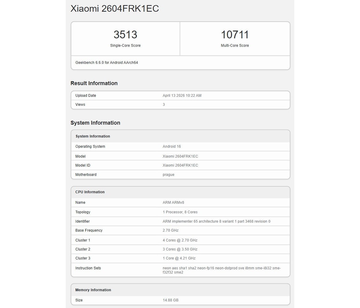 Kết quả thử nghiệm hiệu năng của Redmi K90 Max trên nền tảng Geekbench