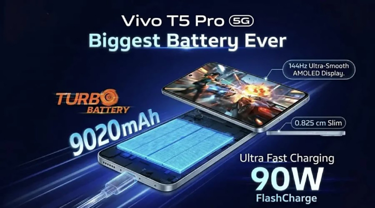 vivo T5 Pro 5G sở hữu viên pin dung lượng 9020 mAh dẫn đầu thị trường
