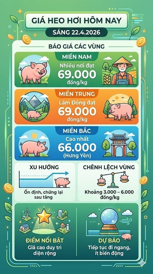 Thị trường heo hơi ngày 22/4 duy trì trạng thái ổn định sau khi thiết lập mặt bằng giá cao.