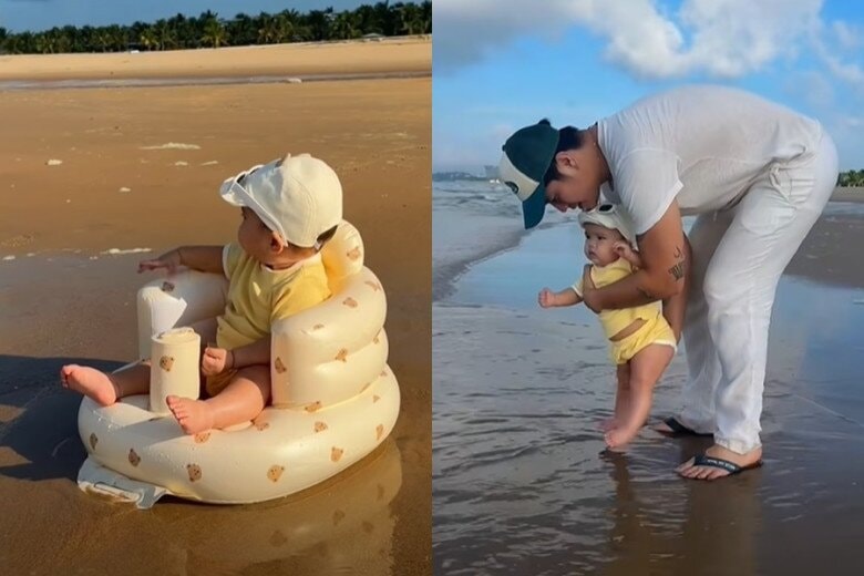Bé Gạo được bố mẹ cho ra biển.