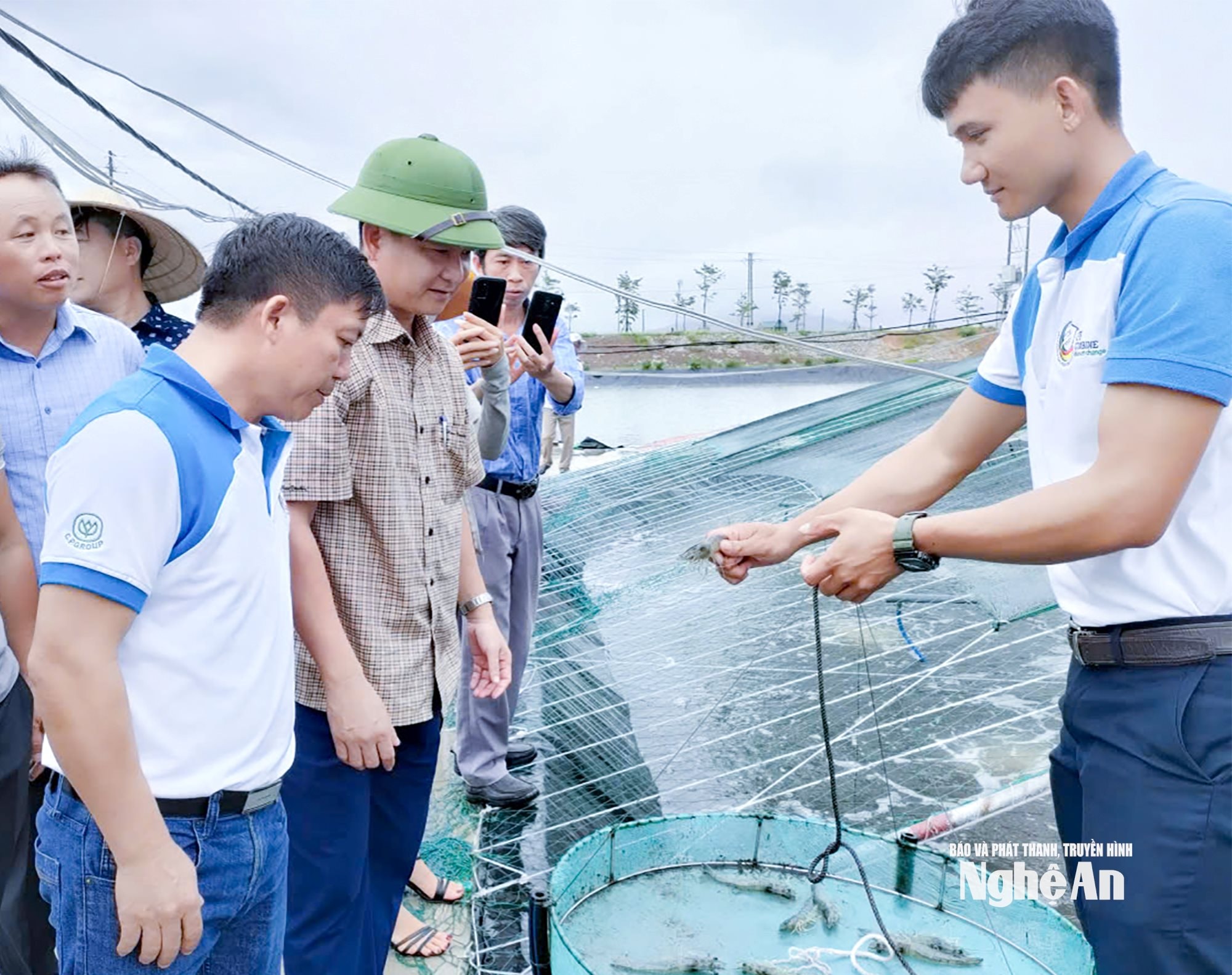 Lãnh đạo Sở kiểm tra chất lượng giống tôm nuôi xã Trung Lộc