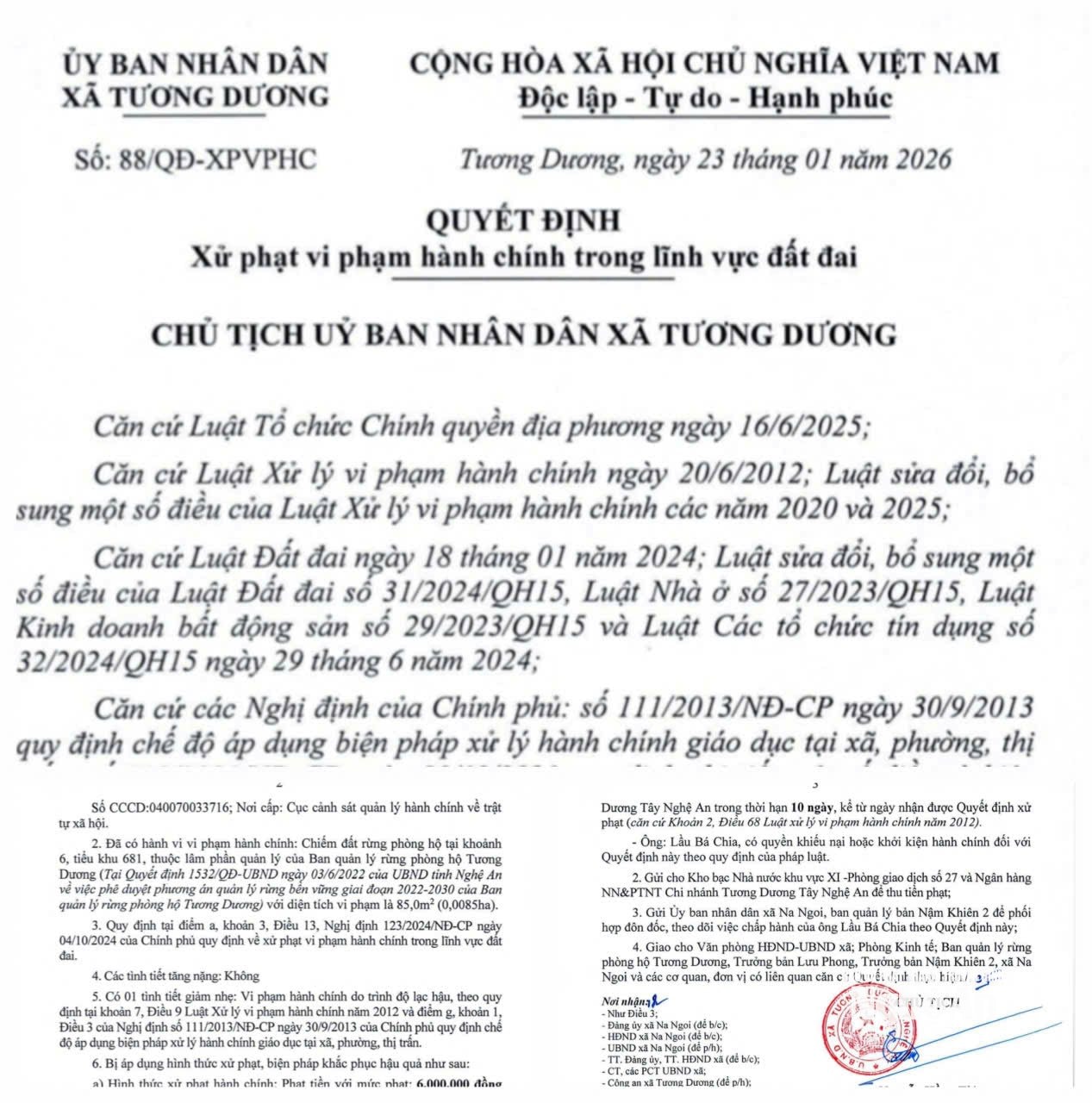 Quyết định số 88/QĐ-XPVPHC ngày 23/1/2026 của UBND xã Tương Dương. Ảnh: Nhật Lân