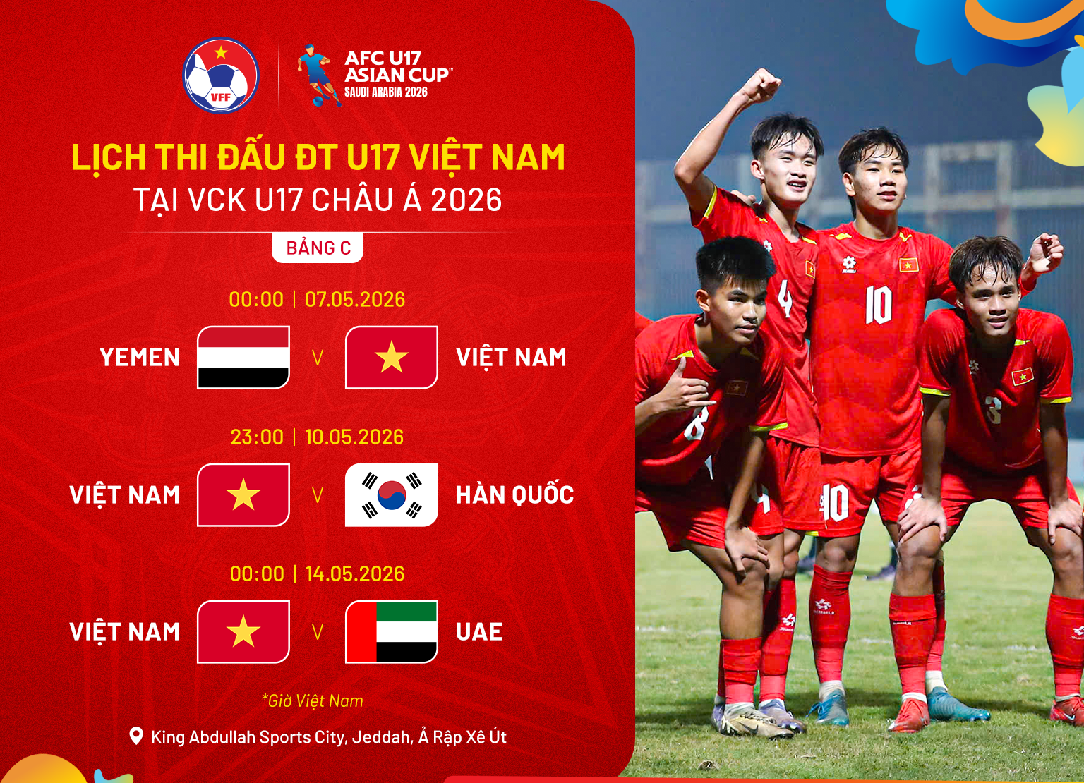 Lịch thi đấu U17 Việt Nam tại VCK U17 châu Á 2026 mới nhất