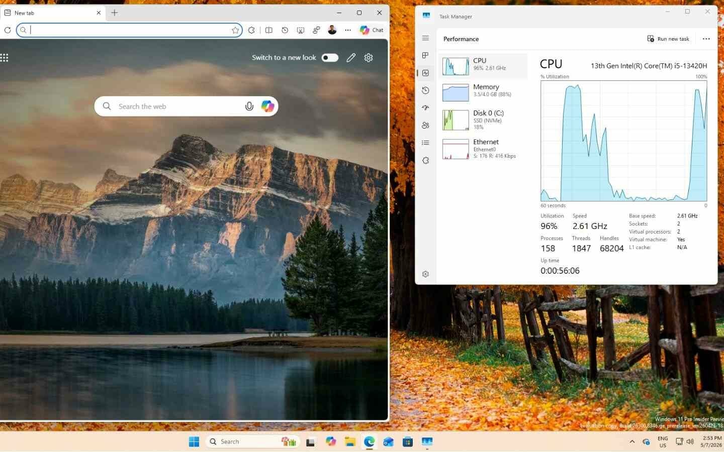 Edge đạt mức sử dụng CPU 96% khi mở