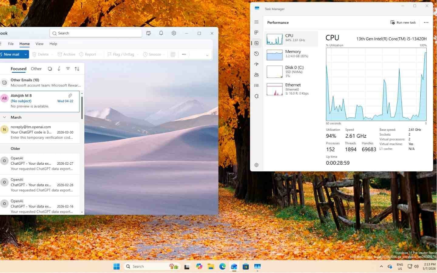 Mức sử dụng CPU đã tăng lên 94% khi mở Outlook