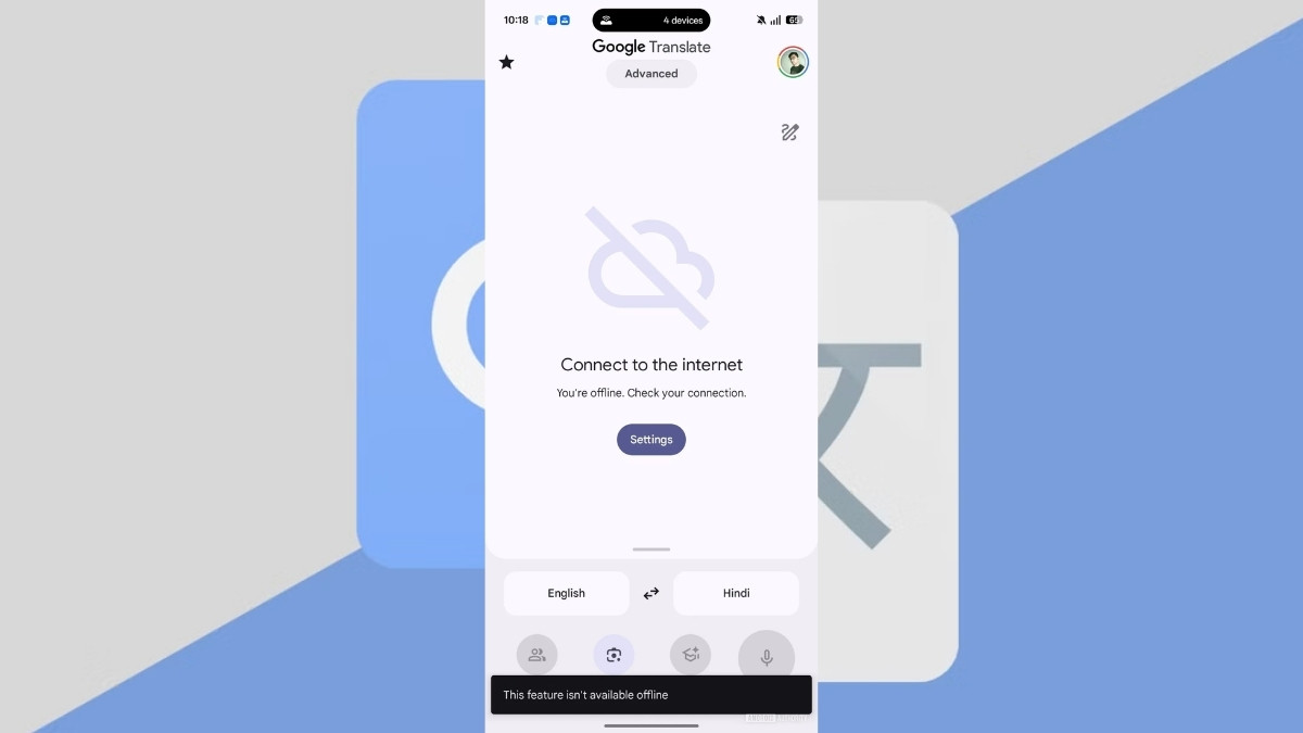 Thông báo lỗi trên ứng dụng Google Dịch khi người dùng cố gắng sử dụng tính năng dịch giọng nói mà không có mạng.