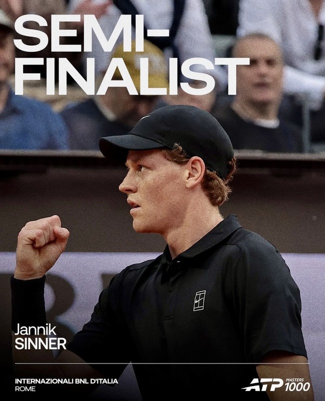 Jannik Sinner thi đấu áp đảo trước Andrey Rublev tại tứ kết Rome Masters 2026