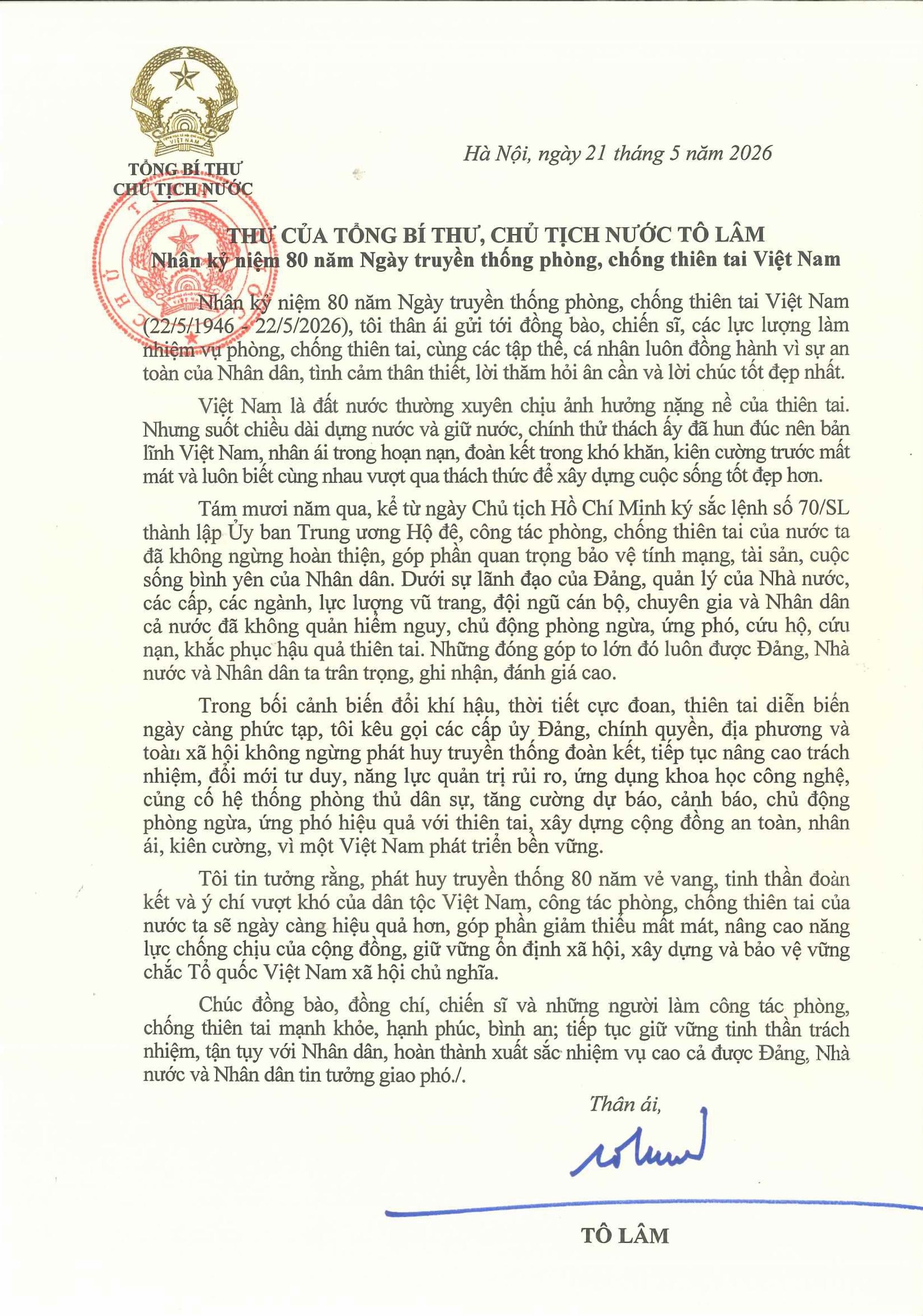 Tổng Bí thư, Chủ tịch nước Tô Lâm gửi thư nhân kỷ niệm Ngày truyền thống phòng, chống thiên tai - Ảnh 1. Tổng Bí thư, Chủ tịch nước Tô Lâm gửi thư nhân kỷ niệm Ngày truyền thống phòng, chống thiên tai - Ảnh 1.