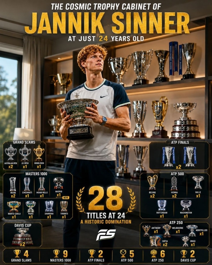 Bộ sưu tập danh hiệu đồ sộ của Jannik Sinner ở tuổi 24