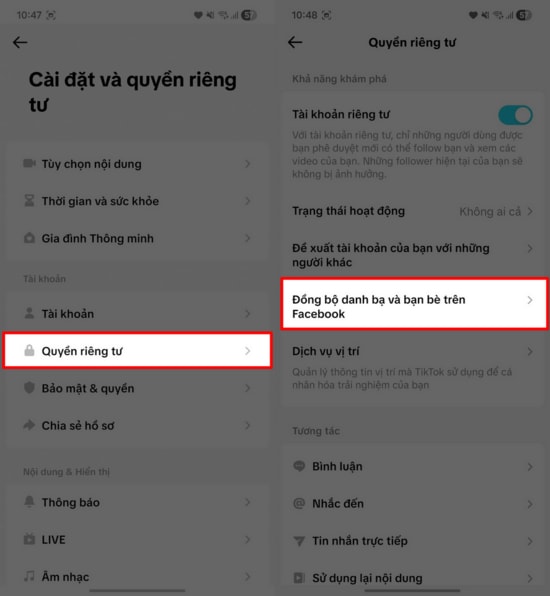 Lựa chọn mục Đồng bộ danh bạ và bạn bè Facebook trong menu Quyền riêng tư