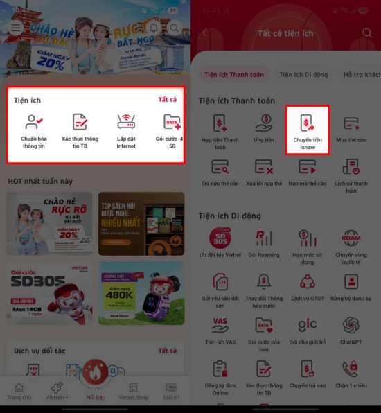 Chọn tính năng Chuyển tiền iShare