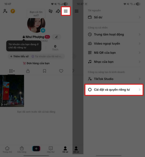 Thao tác truy cập vào phần Cài đặt và quyền riêng tư trên TikTok