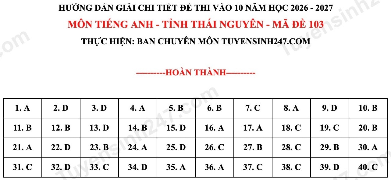 Đáp án đề thi vào lớp 10 môn Tiếng Anh tỉnh Thái Nguyên năm 2026