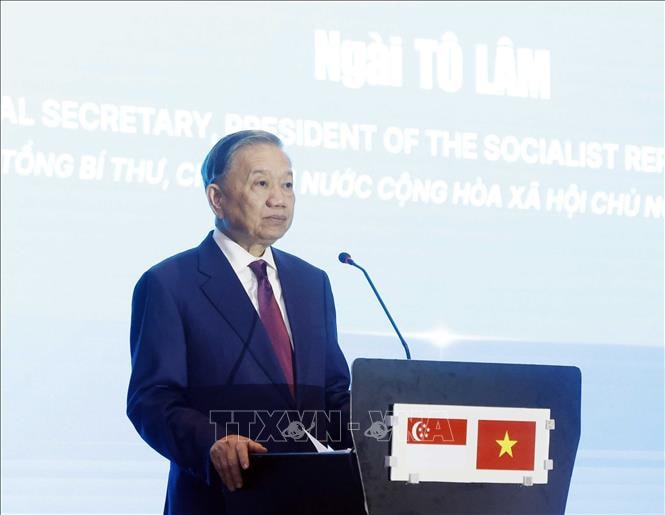 Tổng Bí thư, Chủ tịch nước Tô Lâm phát biểu tại Diễn đàn Kết nối công nghệ Việt Nam - Singapore. Ảnh: Thống Nhất/TTXVN