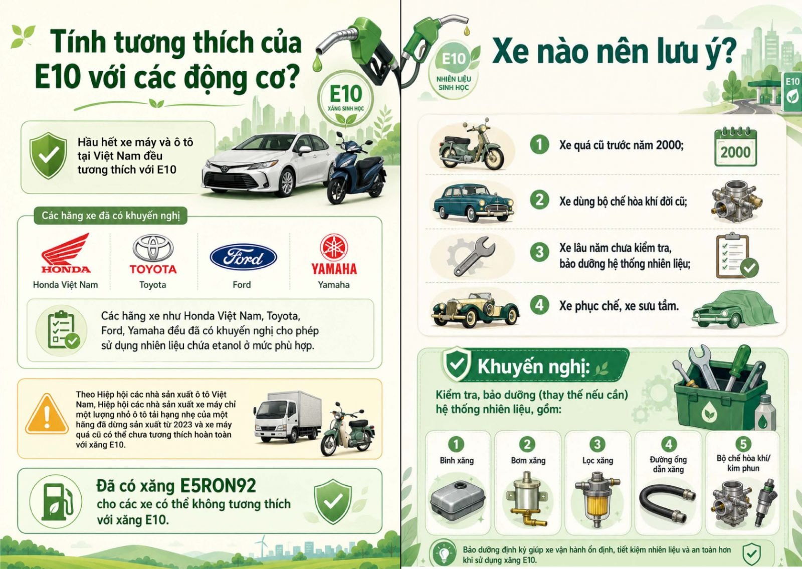 Lợi ích kỹ thuật của xăng E10 đối với hệ thống động cơ xe máy và ô tô
