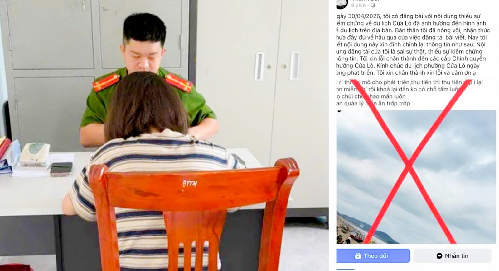 Công an phường Cửa Lò làm việc với người đưa tin sai sự thật lên mạng xã hội.