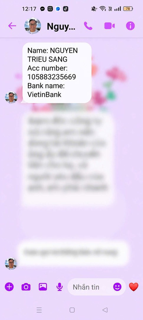 Tin nhắn của đối tượng lừa đảo yêu cầu chuyển tiền vào số tài khoản ngân hàng.
