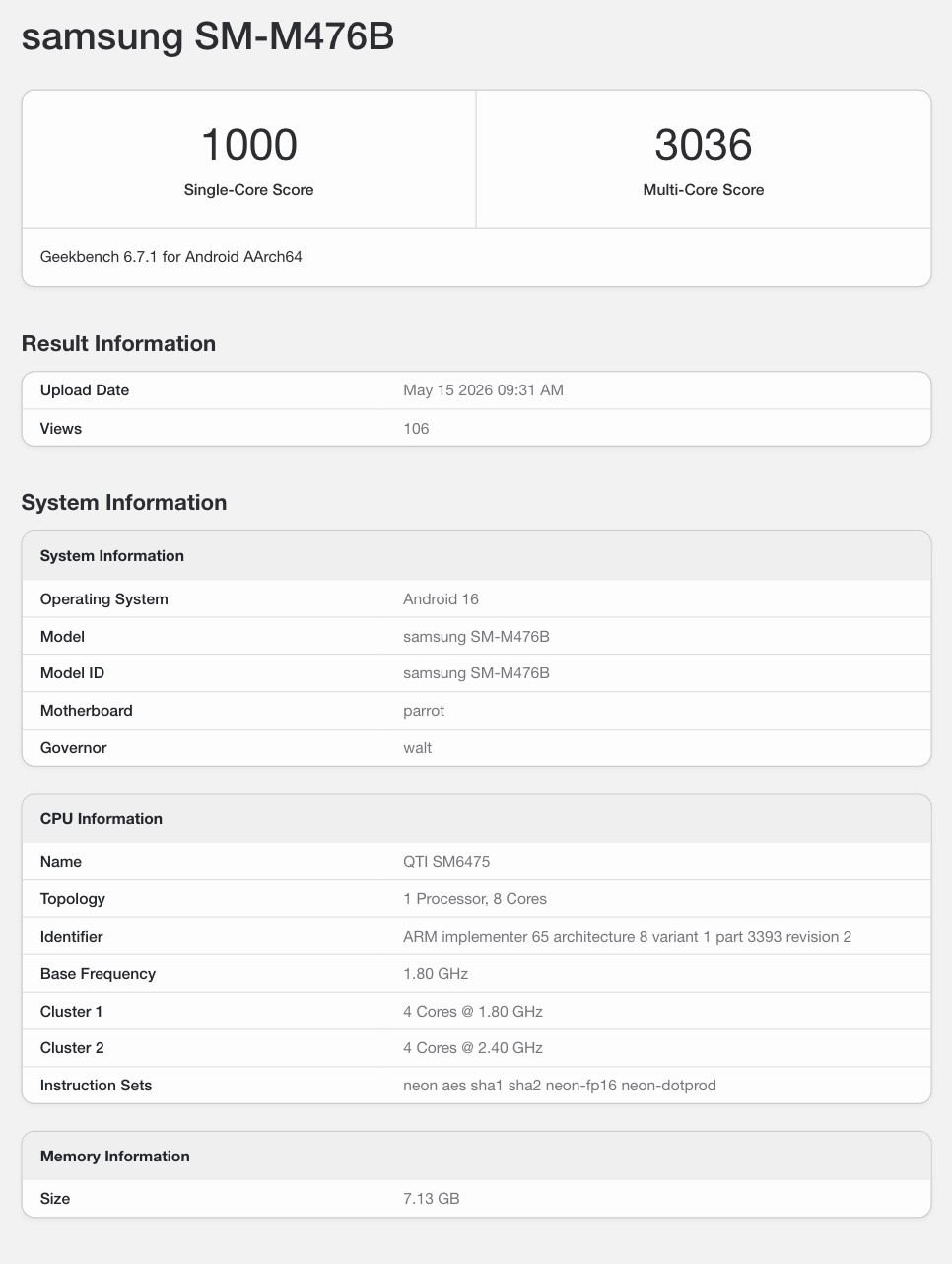 Thông số Geekbench của Galaxy M47 5G xác nhận chip Snapdragon