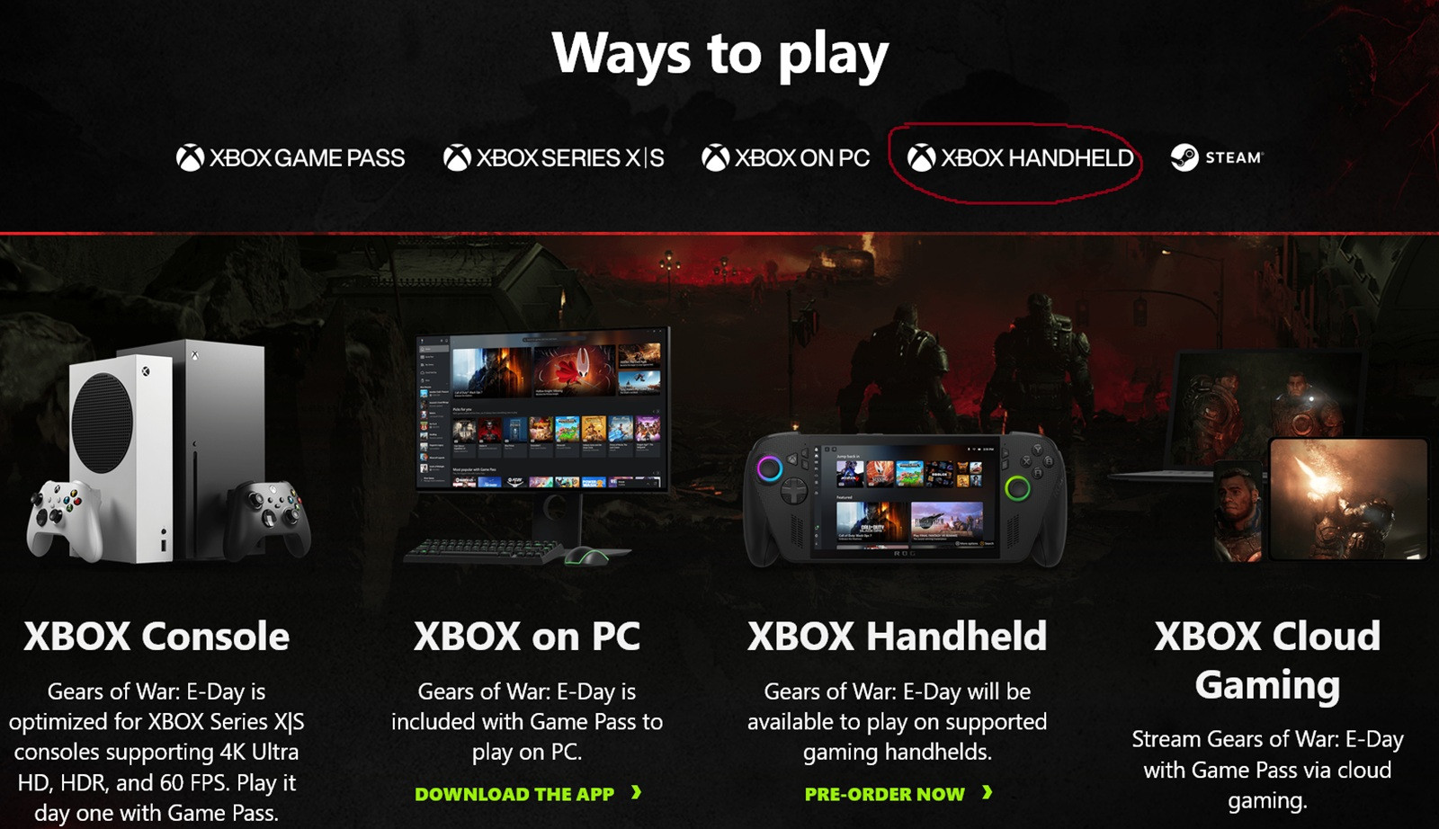 Cận cảnh logo Xbox Handheld trên trang web Gears of War: E-Day