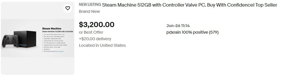 Danh sách rao bán Steam Machine trên eBay với giá cao ngất ngưỡng.