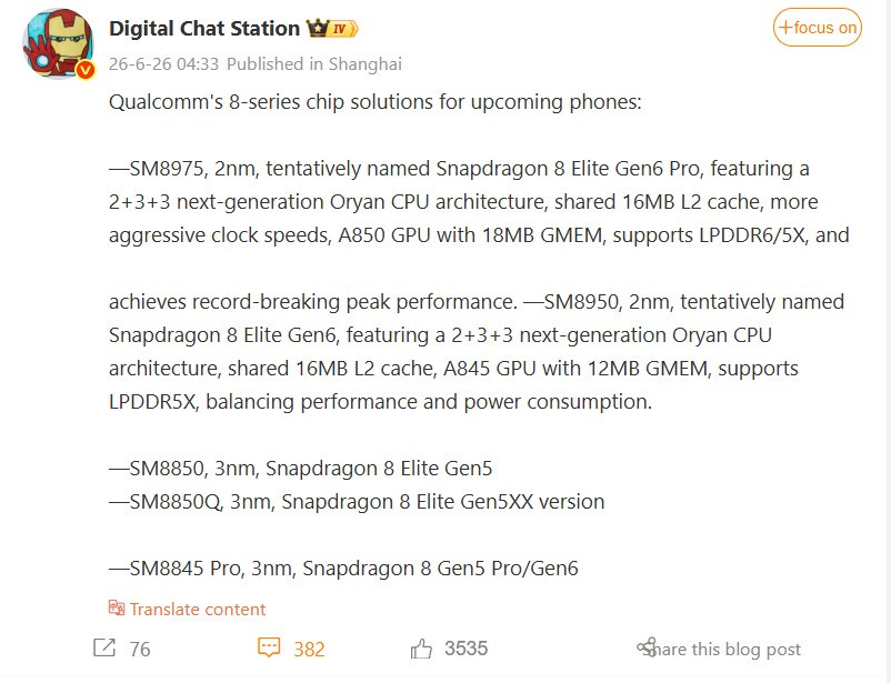 Lộ trình chip Snapdragon của Qualcomm cho năm 2026.