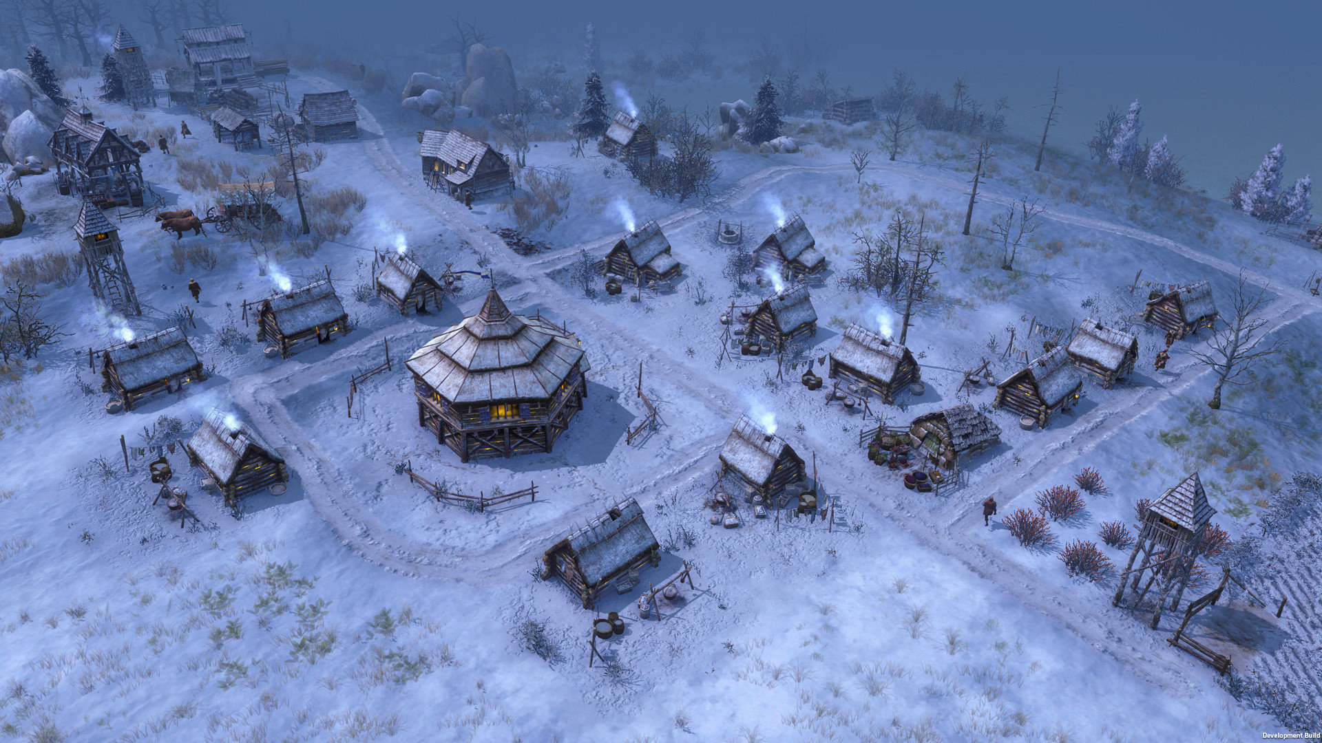Ngôi làng trong tuyết trong game Farthest Frontier.
