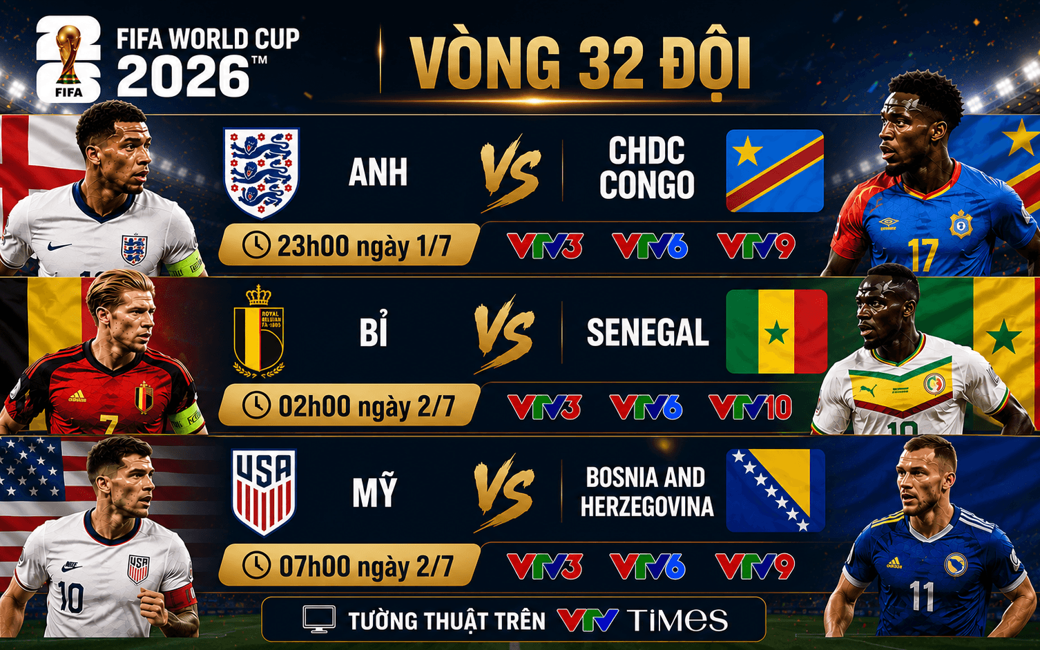 Lịch thi đấu vòng 1/16 World Cup 2026 đêm 1/7 và sáng 2/7