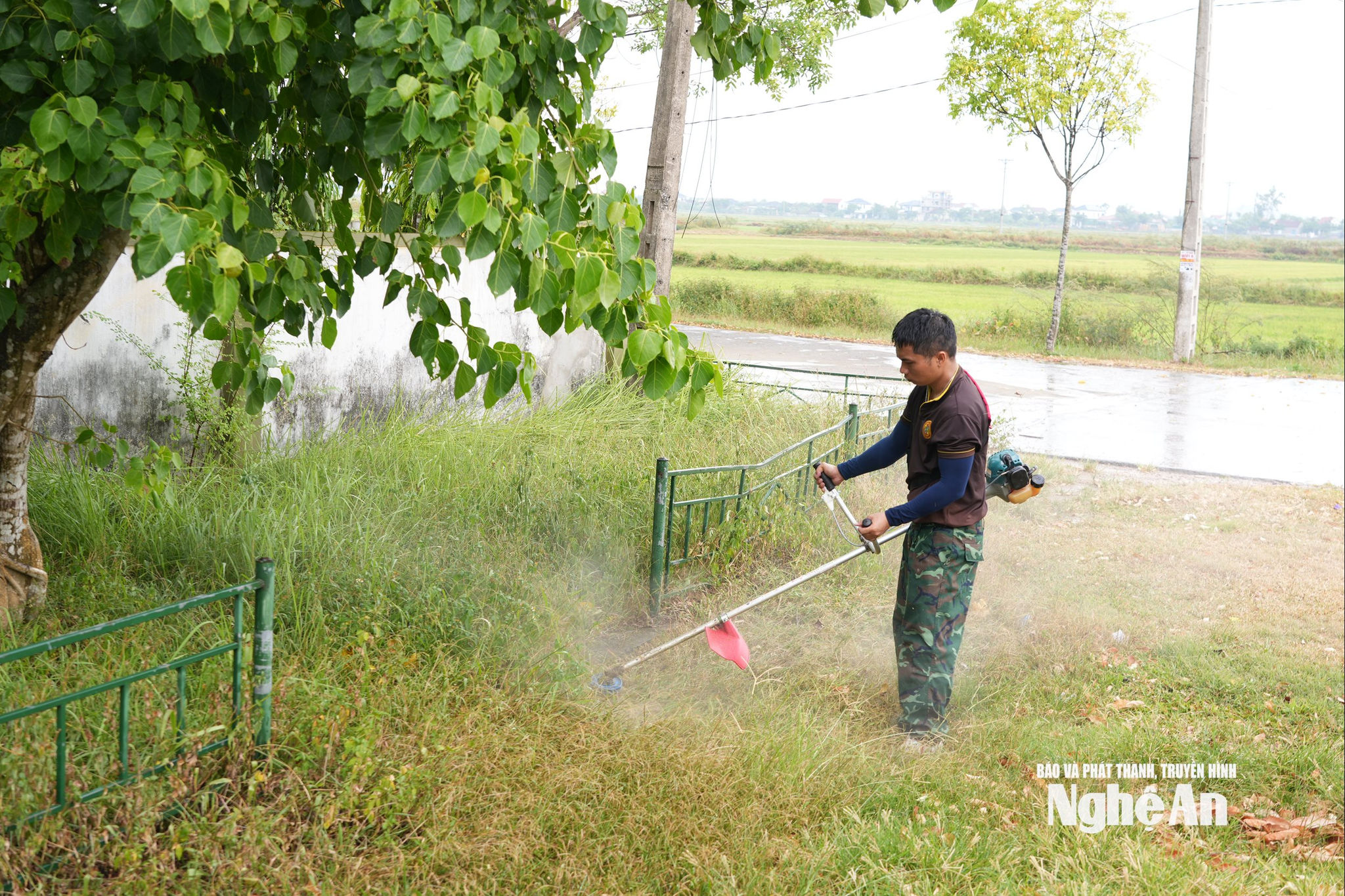Anh Lê Văn Hoà và các võ sinh nhí tham gia chăm sóc Nghĩa trang liệt sĩ trên địa bàn xã Kim Liên. Ảnh: T.P