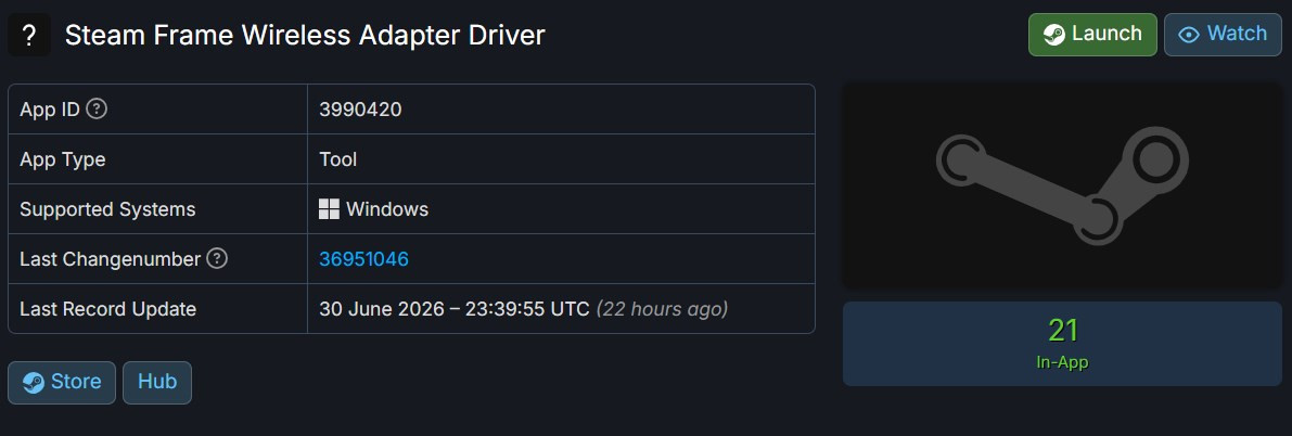 Thông tin trình điều khiển Steam Frame Wireless Adapter Driver trên hệ thống SteamDB.