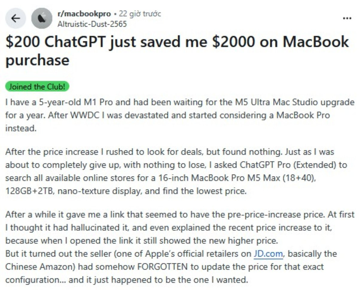 Nhờ ChatGPT Pro, một người dùng đã tiết kiệm số tiền lớn khi mua MacBook Pro M5 Max