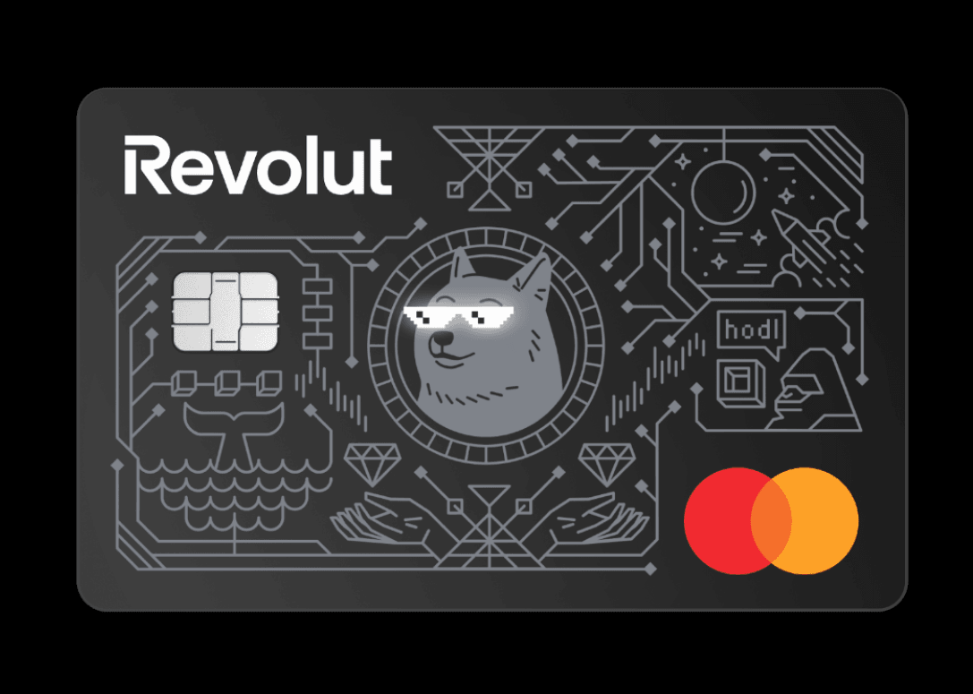 Thẻ Revolut Mastercard với đèn LED phát sáng ở vị trí mắt của biểu tượng chú chó khi thanh toán.