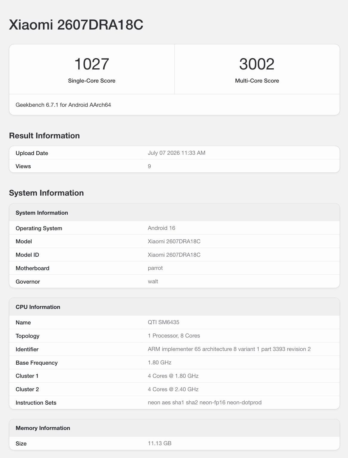 Geekbench listing of upcoming Xiaomi phone.