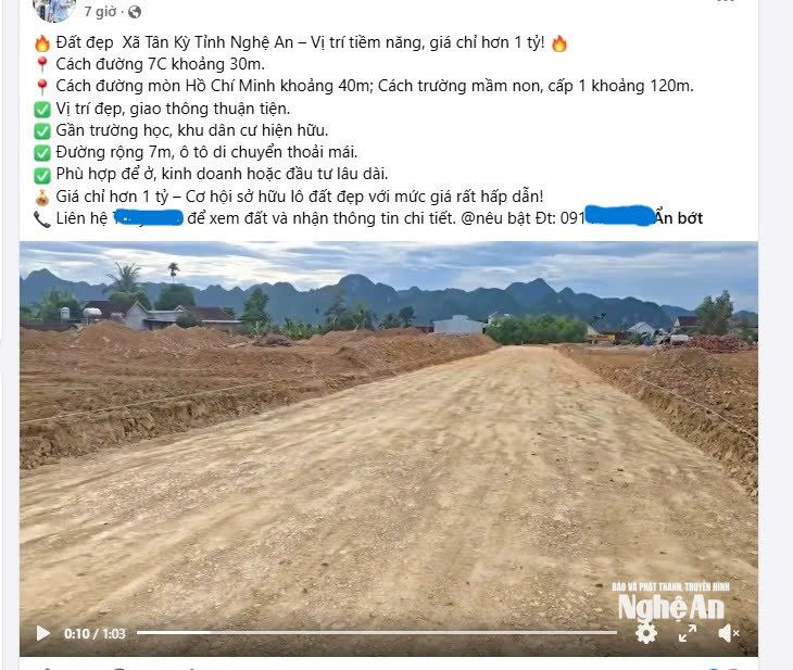 Đất đẹp xã Tân Kỳ, vị trí tiềm năng được rao bán trên mạng xã hội. Ảnh mạng xã hội